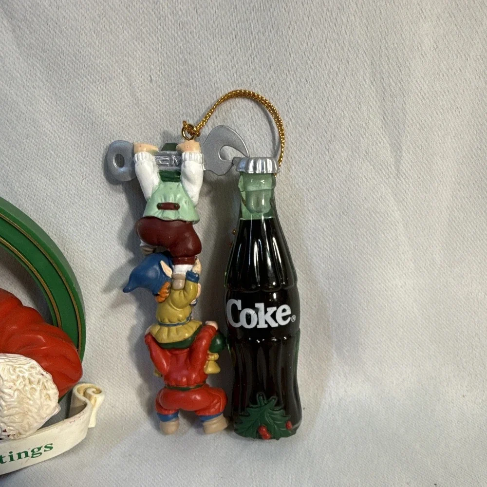 Coca-Cola Lot of 3 Christmas Ornaments Santa Elves Coke Bottle Advertising Red